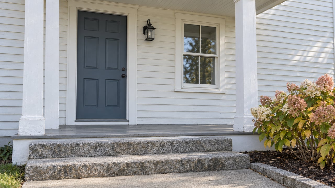 Blue front door and white clapboard beneath a covered porch, with weathered granite steps and pink-cream hydrangea flowers.