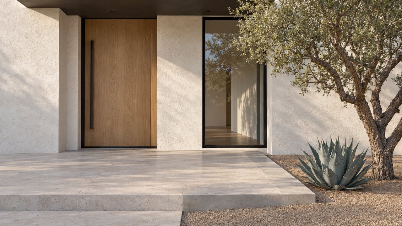 Desert home entry with a closed oak door, black-framed window, limestone slabs, and an agave beneath a mature tree.