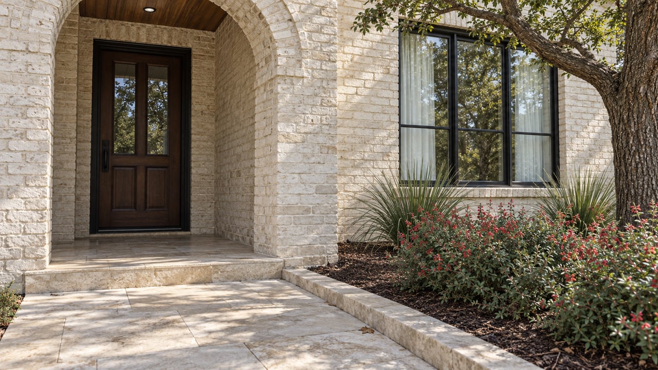 Cream-painted brick entry with a dark oak door, black-framed window and limestone approach beside flowering sage and sculptural rosettes.