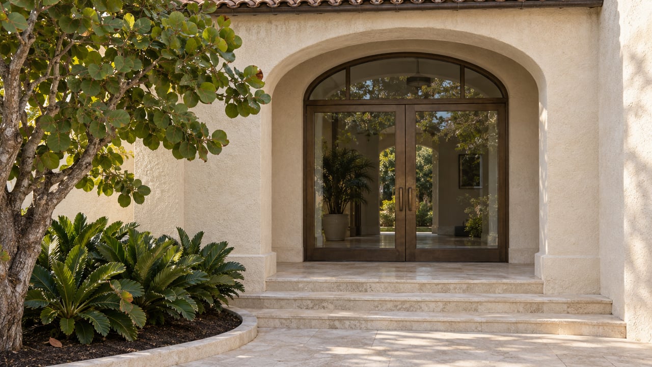 Ivory stucco arched entrance with bronze-framed glass doors, limestone steps, and sea-grape foliage.