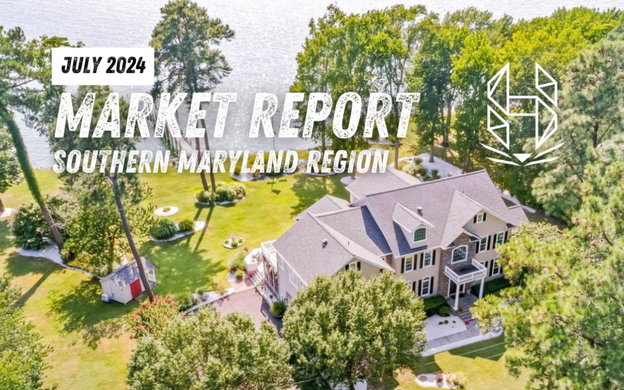 July 2024 Southern Maryland market report over an aerial view of a waterfront home.
