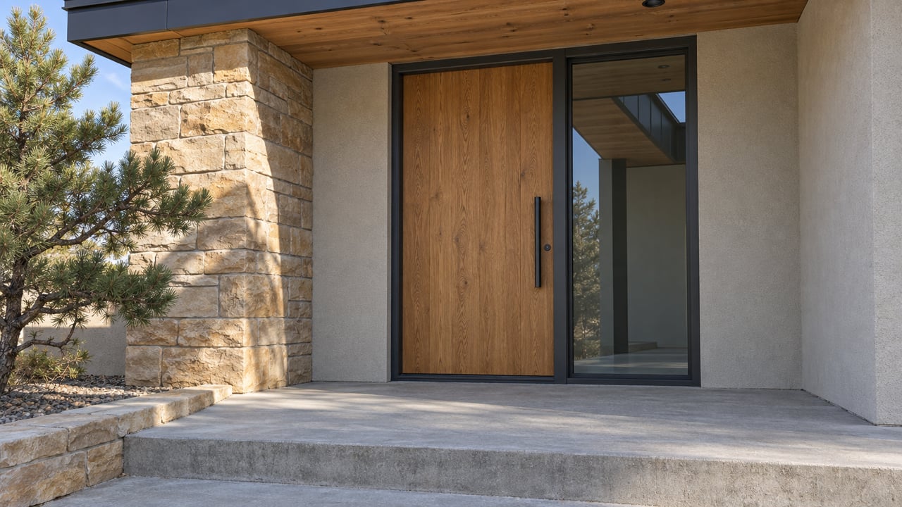 Afternoon sunlight on a contemporary home's sandstone entry pier, oak door, timber soffit and concrete landing beside a sculptural pinyon pine.