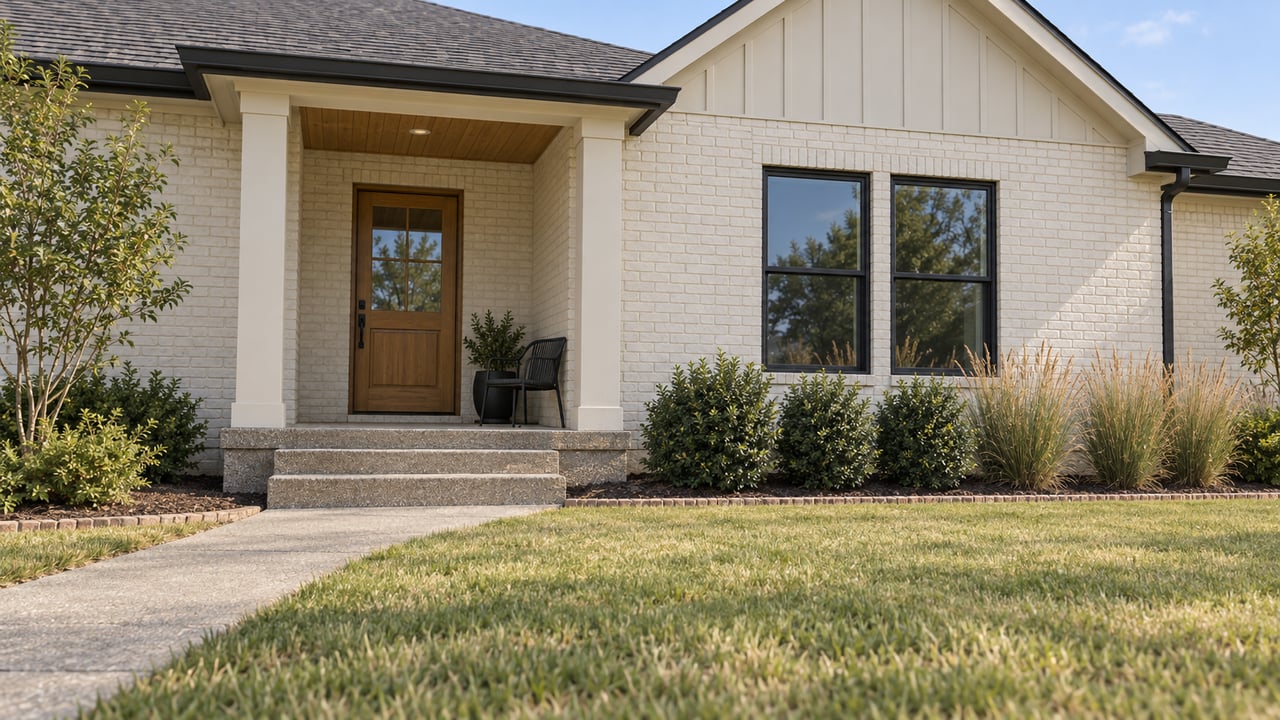 Single-story brick home with a covered entry, dark roof, and landscaped front lawn.