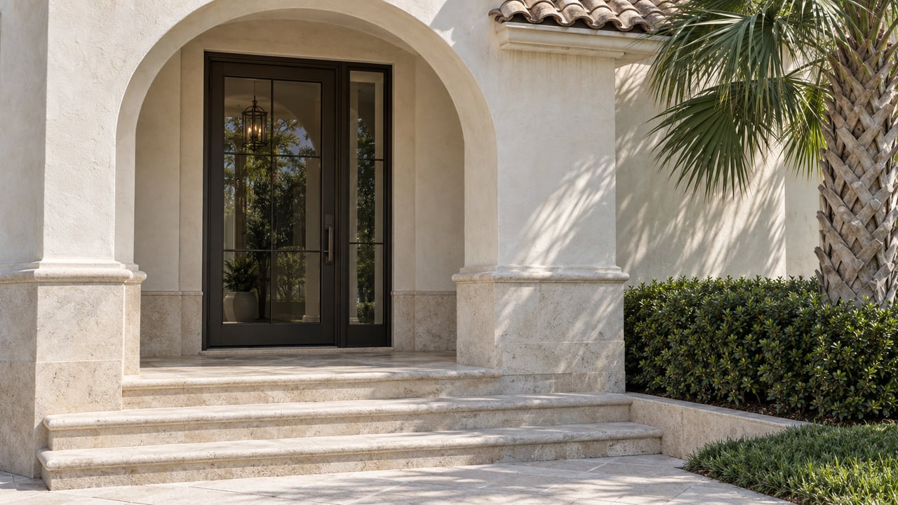 Cream stucco entry with an arched doorway, limestone steps, and a palmetto at the edge.