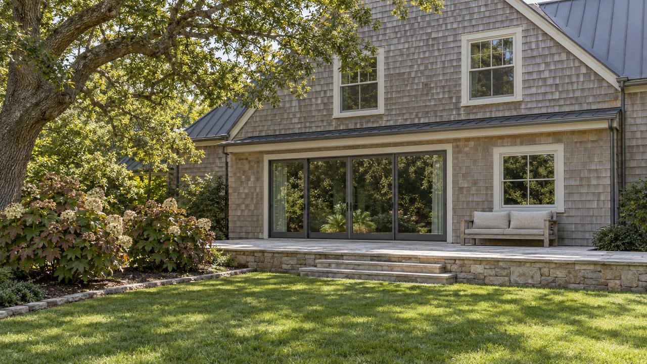 A shingle-clad home opens onto a raised stone terrace overlooking a broad lawn beneath a mature oak.