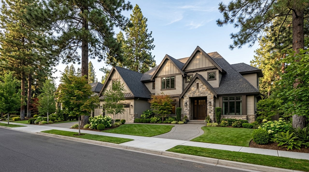 Detached stone-and-greige gabled home behind a curving walkway, framed by mature pines and a conical spruce.