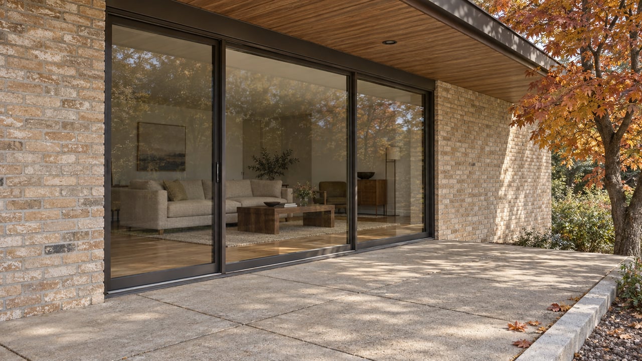 Autumn light crosses a concrete terrace beside buff brick and bronze-framed glass enclosing a remodeled living room.