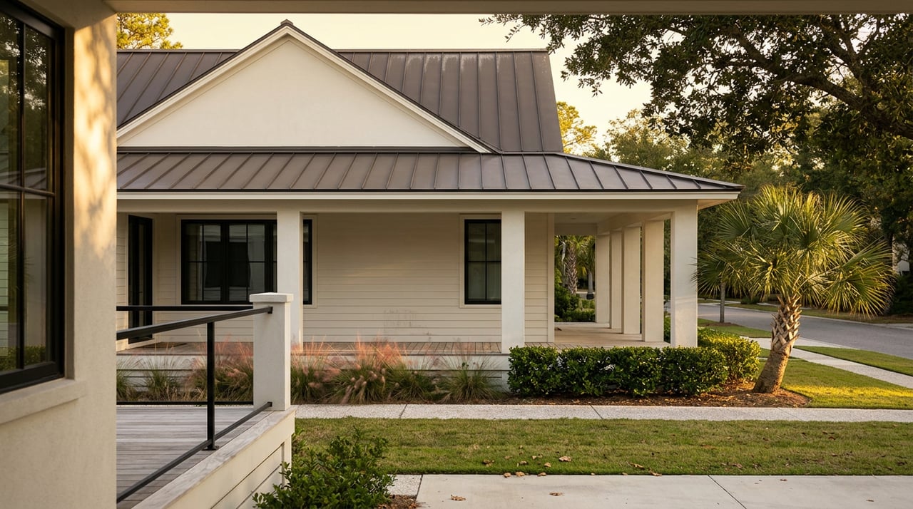 Coastal home with sand-white siding, dark metal gable roof, and a palm beside the walkway.