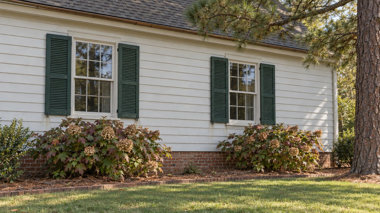 White wood-sided home with green shutters, a brick foundation, oakleaf hydrangeas and a mature longleaf pine.