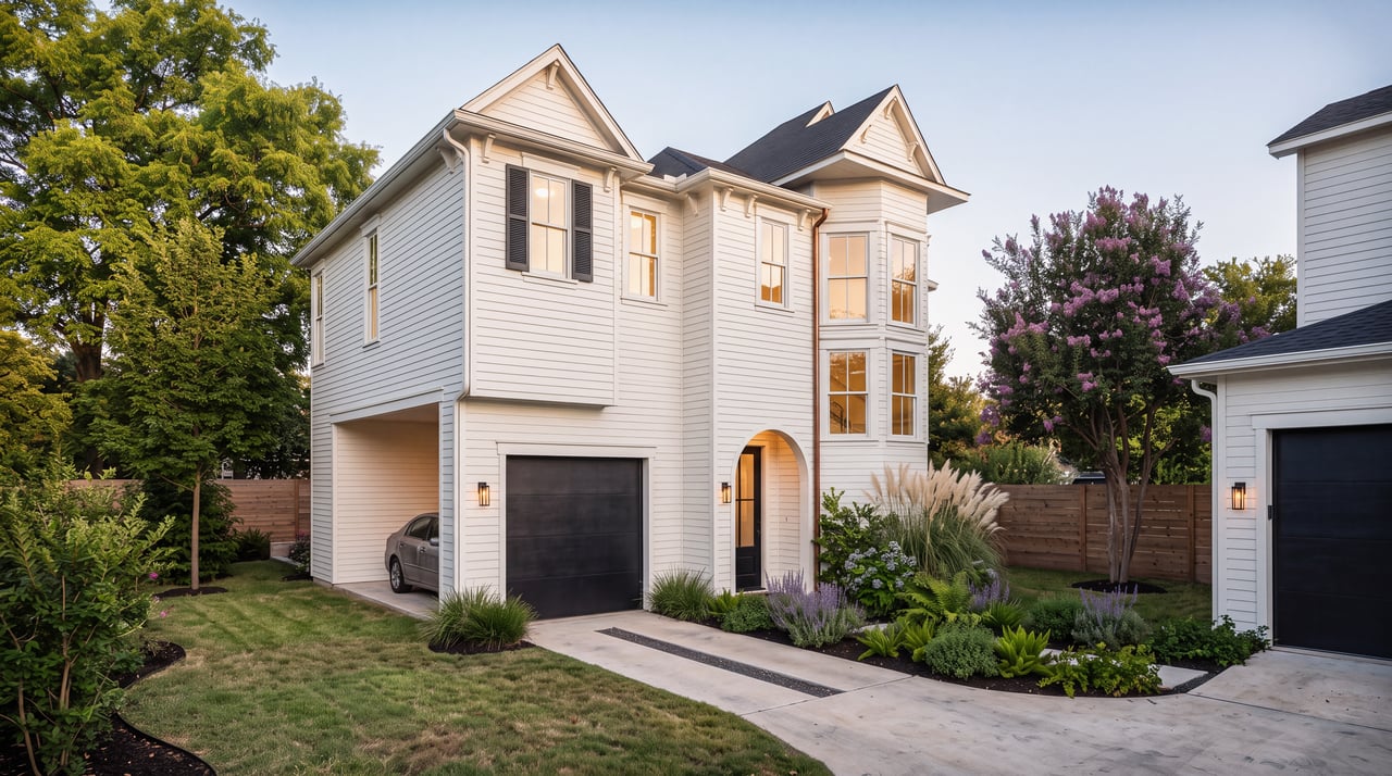 Two-story white house with an arched entry, dark garage door, and landscaped front yard.