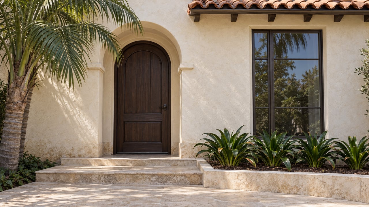 Ivory stucco home entrance with a recessed oak door, clay-tile eave, limestone steps, and curated palm and clivia planting.