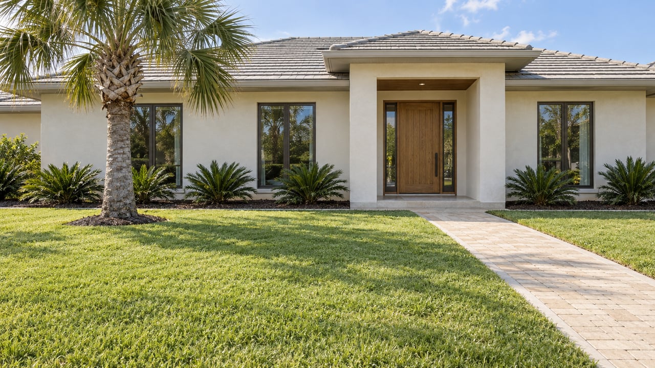 Ivory stucco home with a pale tile roof, bronze-framed windows, recessed oak entrance, and deep lawn beside a specimen palm.