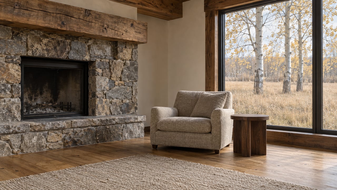 Timber-and-stone living room with a wool armchair, oak floors and closed windows overlooking golden-leaved trees and tawny meadow.