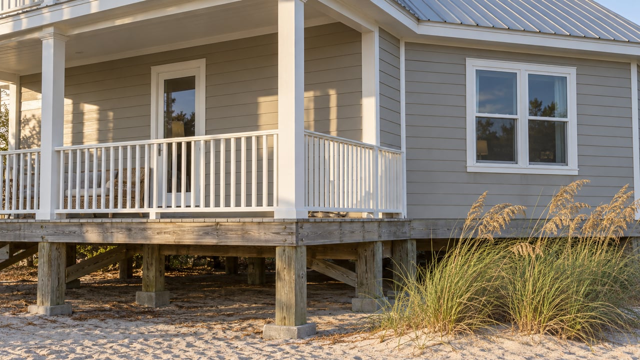 Low-angle view of an elevated gray-beige home with a silver metal roof, weathered timber porch, white railings and two clumps of sea oats in sandy ground.
