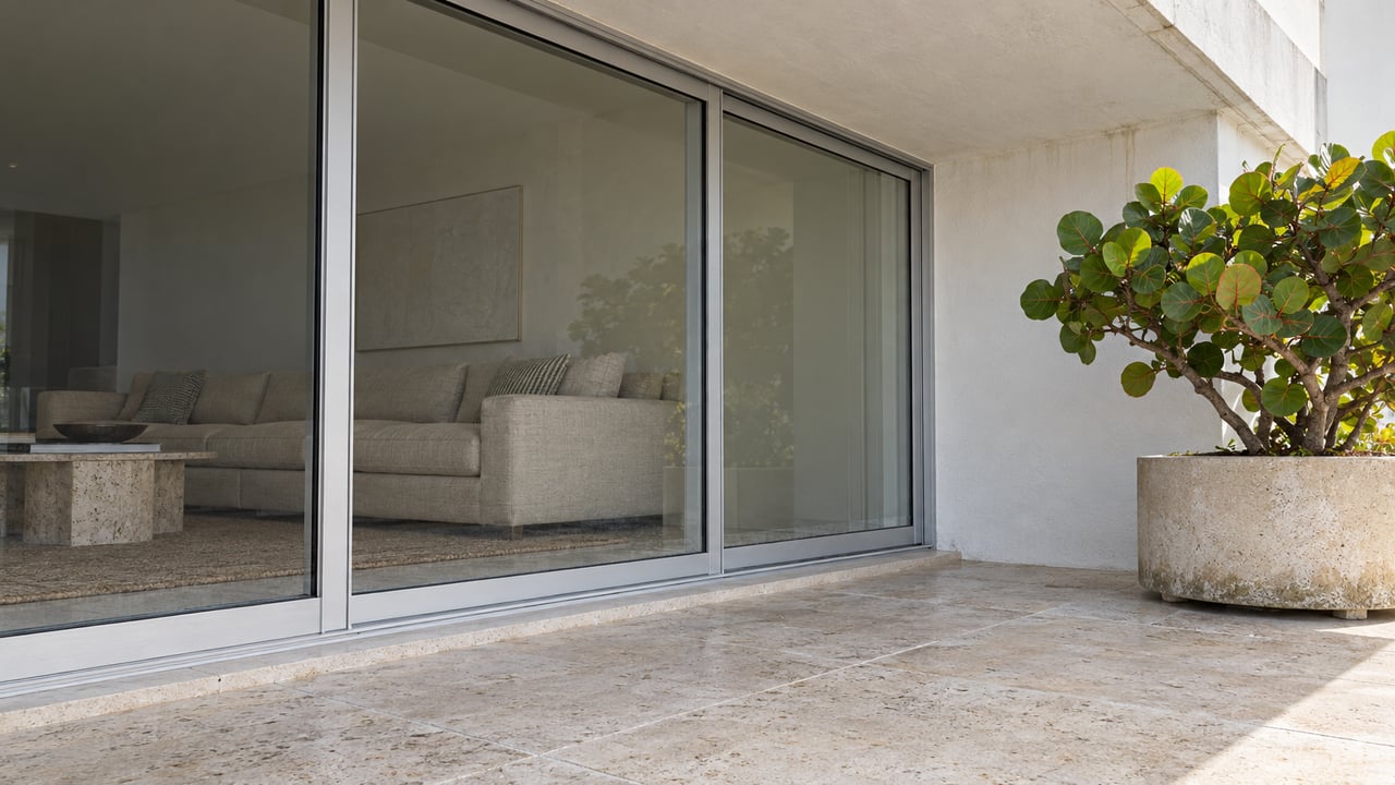 Sunlit limestone condominium terrace with closed silver-framed glass doors, white walls and a single sea grape specimen in a cast-stone planter.