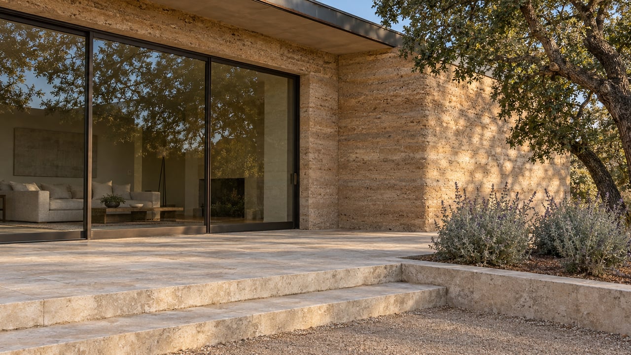 Rammed-earth residence with bronze-framed glass doors, limestone terrace steps and a mature oak beside a planted bed.