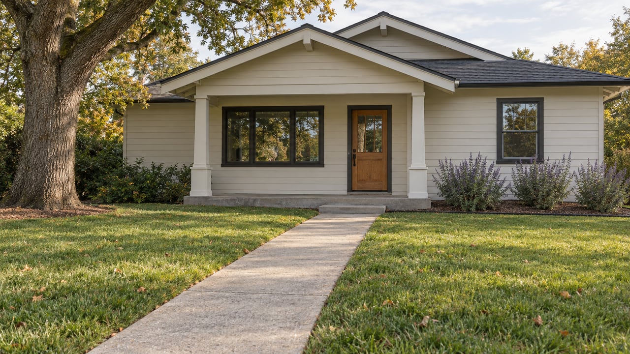 An ivory wood-sided home with overlapping gables, an oak entry door and a concrete walk crossing a deep lawn beneath a mature oak.