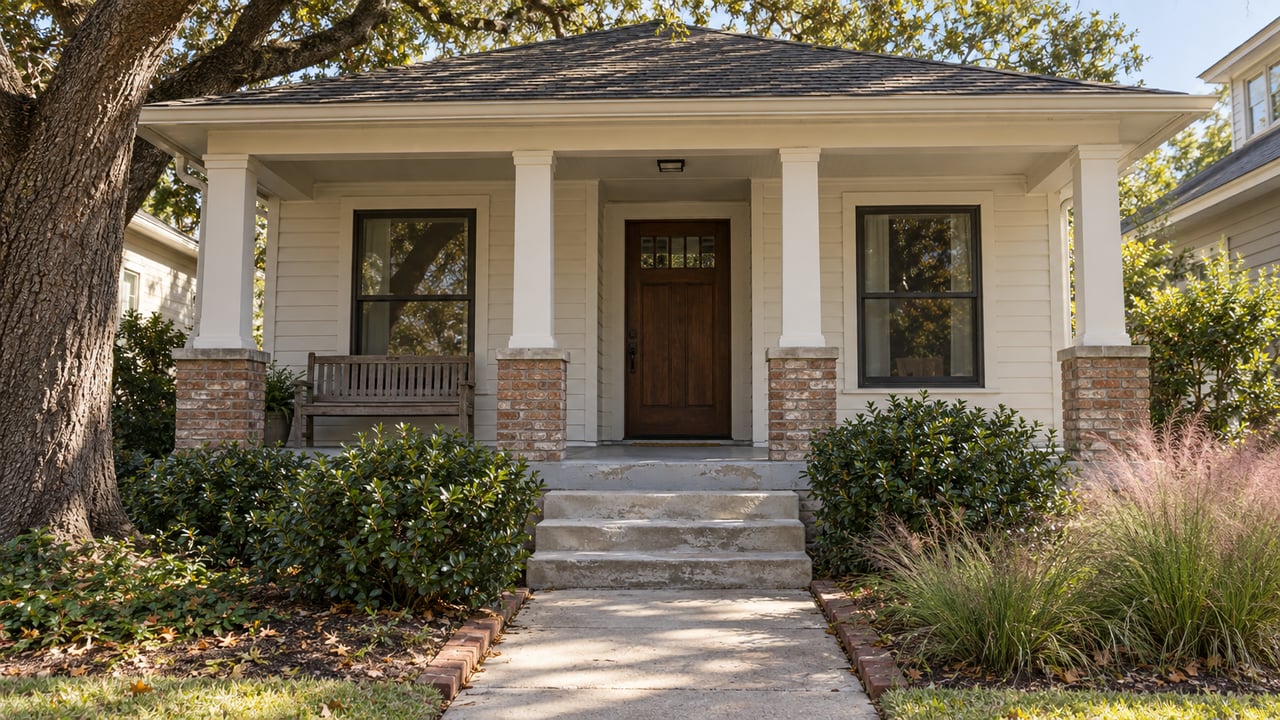 One-story bungalow with a recessed timber door, brick porch piers, concrete steps, and an oak shading the front walk.