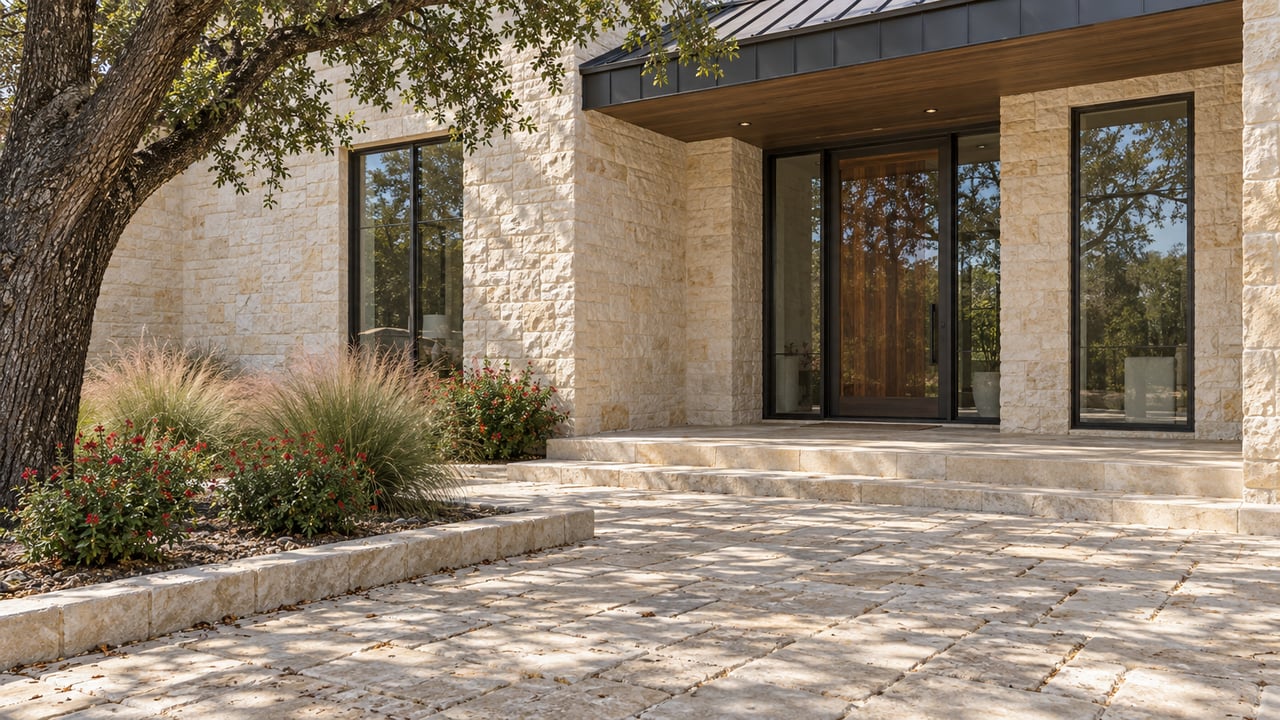 Cream limestone home with a glazed walnut entry, broad stone terrace, and native planting beneath a mature tree.