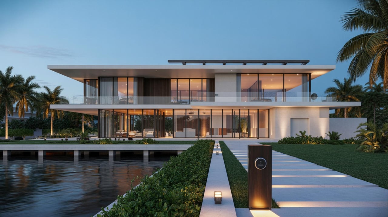 Modern two-story glass house over a reflecting pool, with a lit walkway and palm trees.