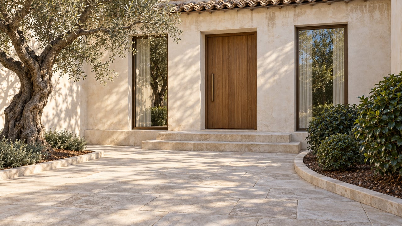 A quiet limestone courtyard leads to an oak door between bronze-framed windows, with a mature olive tree and glossy camellias against warm cream plaster.