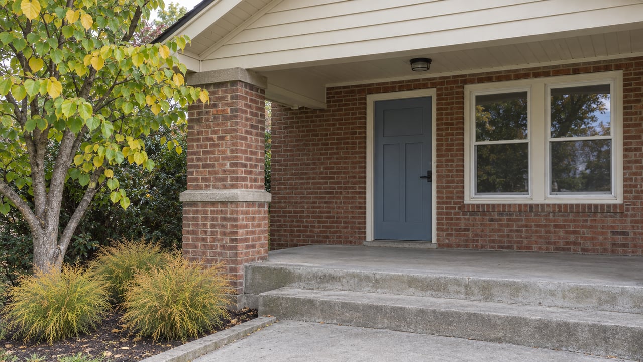 Brick bungalow porch with ivory siding, a blue-gray door, paired windows, and early-autumn planting beside concrete steps.