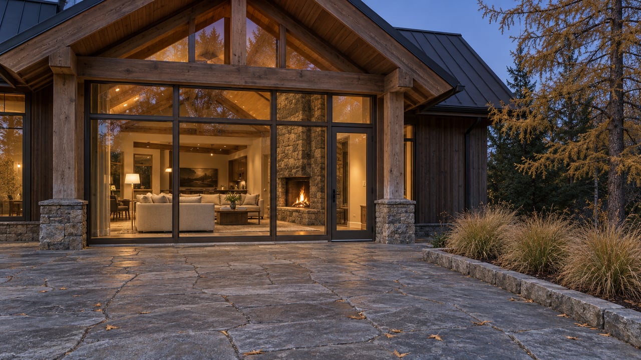 Timber-and-stone home at dusk with an enclosed glowing living room, quartzite terrace, and golden larch beside a curbed planting bed.