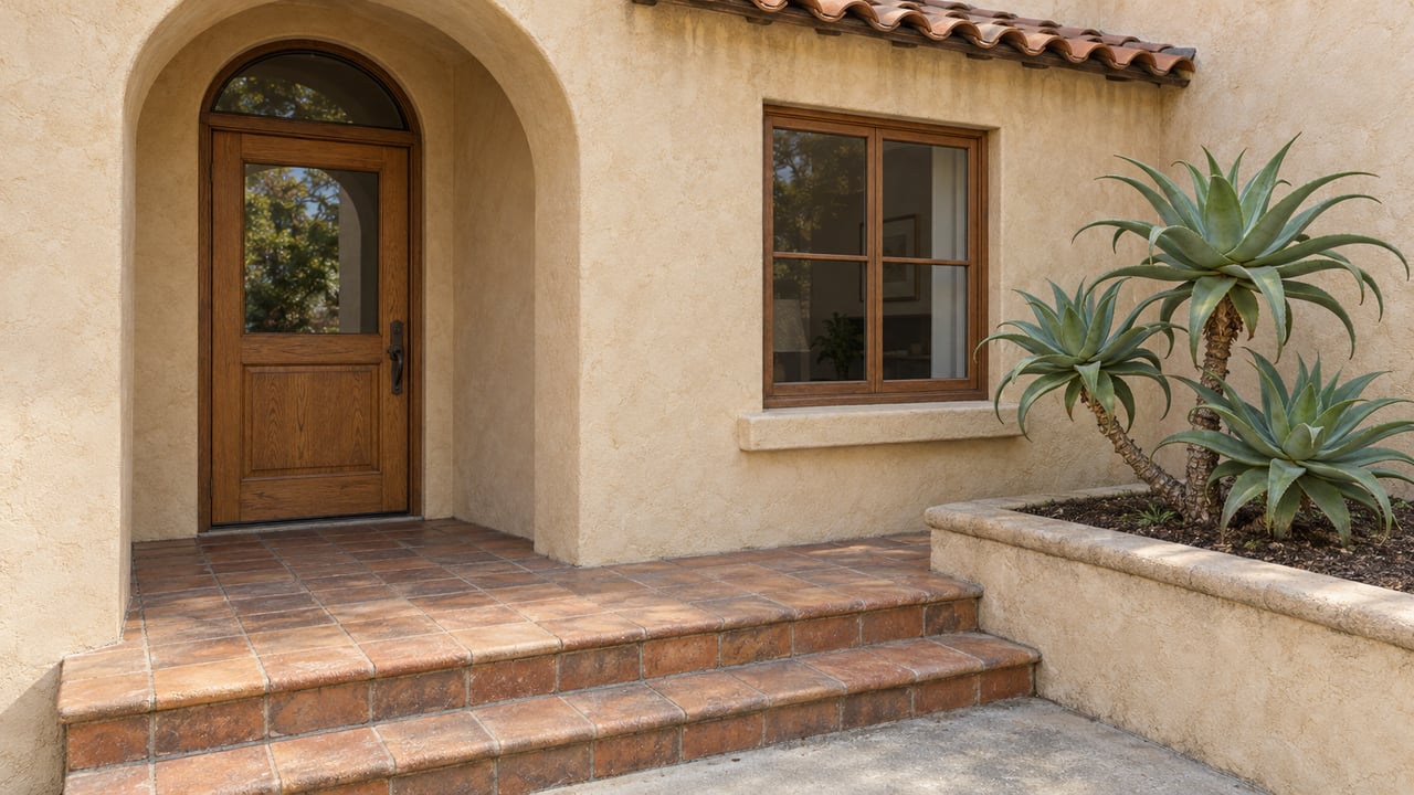 Warm stucco home entrance with an oak door, arched transom, terracotta steps and a sculptural aloe in a raised planter.