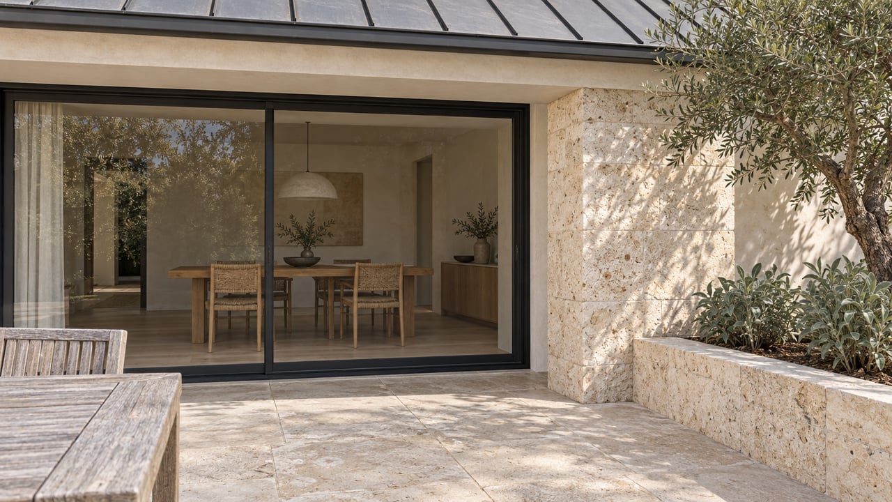 Sunlit limestone terrace with weathered teak furniture, a closed glass dining-room doorway and an olive tree beside a cream stucco home.