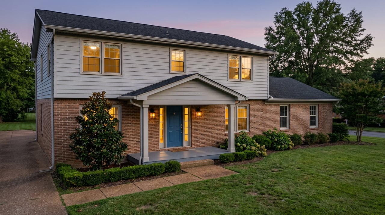 Two-story brick-and-siding home at dusk, with a blue front door, glowing sidelights, and a paver walkway.
