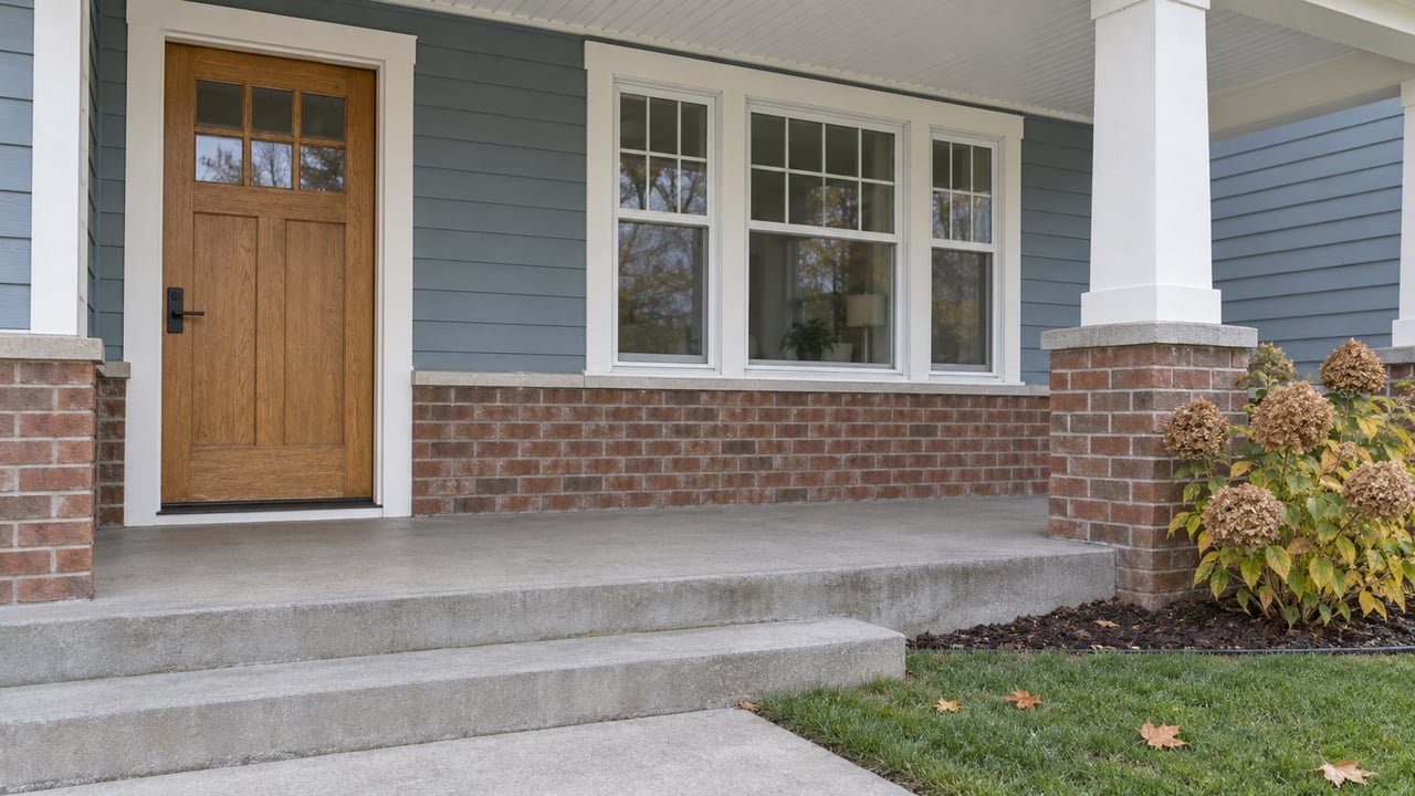 Covered front porch with an oak door, white-trimmed windows, blue lap siding and brick accents beside a late-autumn lawn.
