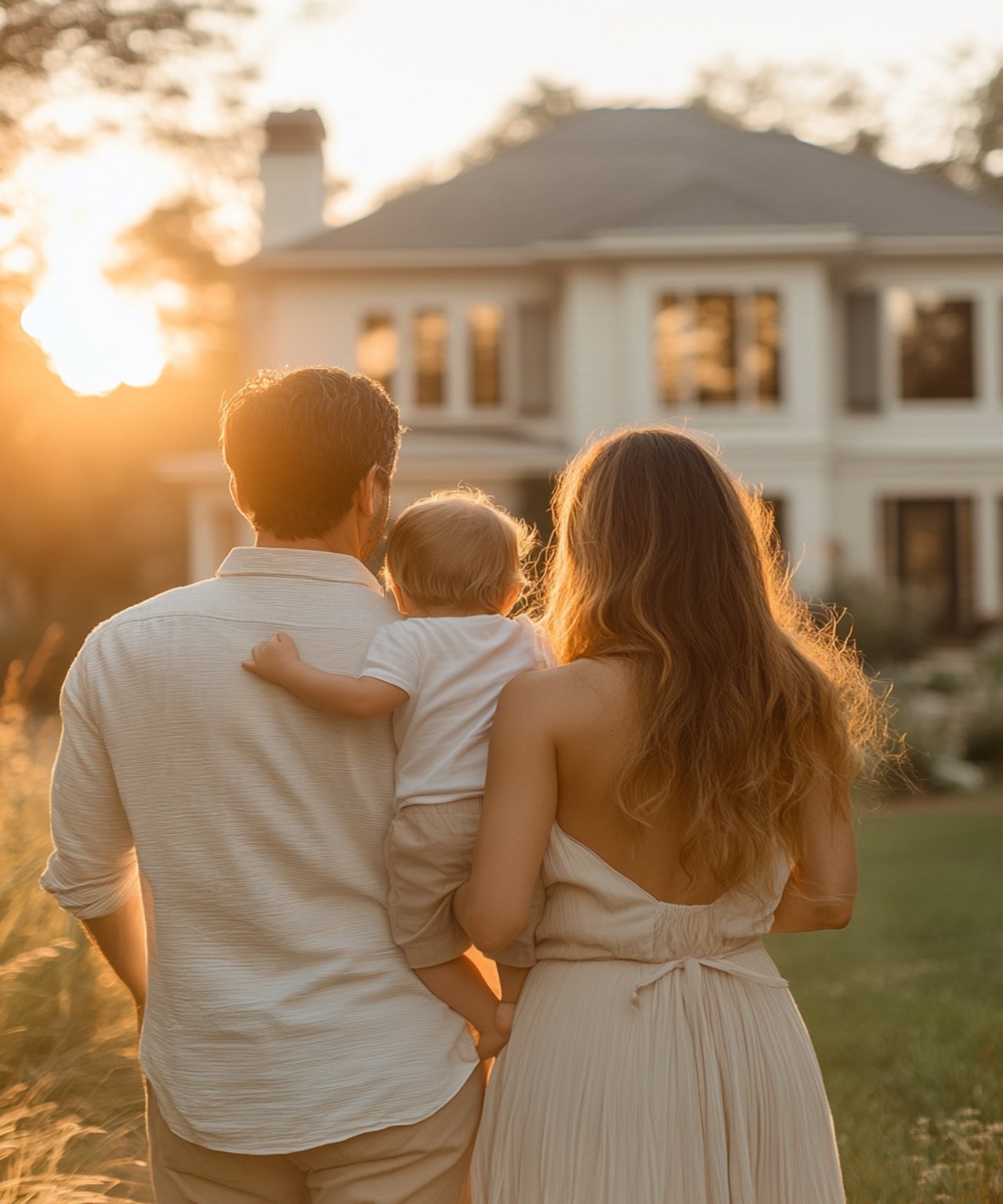 Two adults hold a baby while looking toward a house in the golden-hour light.