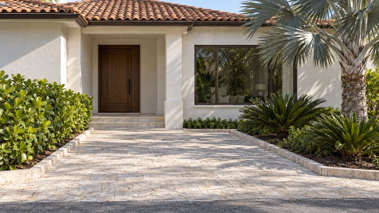 Coastal house with a recessed timber door, bronze-framed window, pale paver forecourt, and palm beside the entry.
