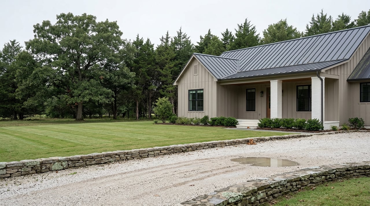Modern farmhouse with greige board-and-batten siding, gravel drive, fieldstone wall, and bur oak beside the lawn.