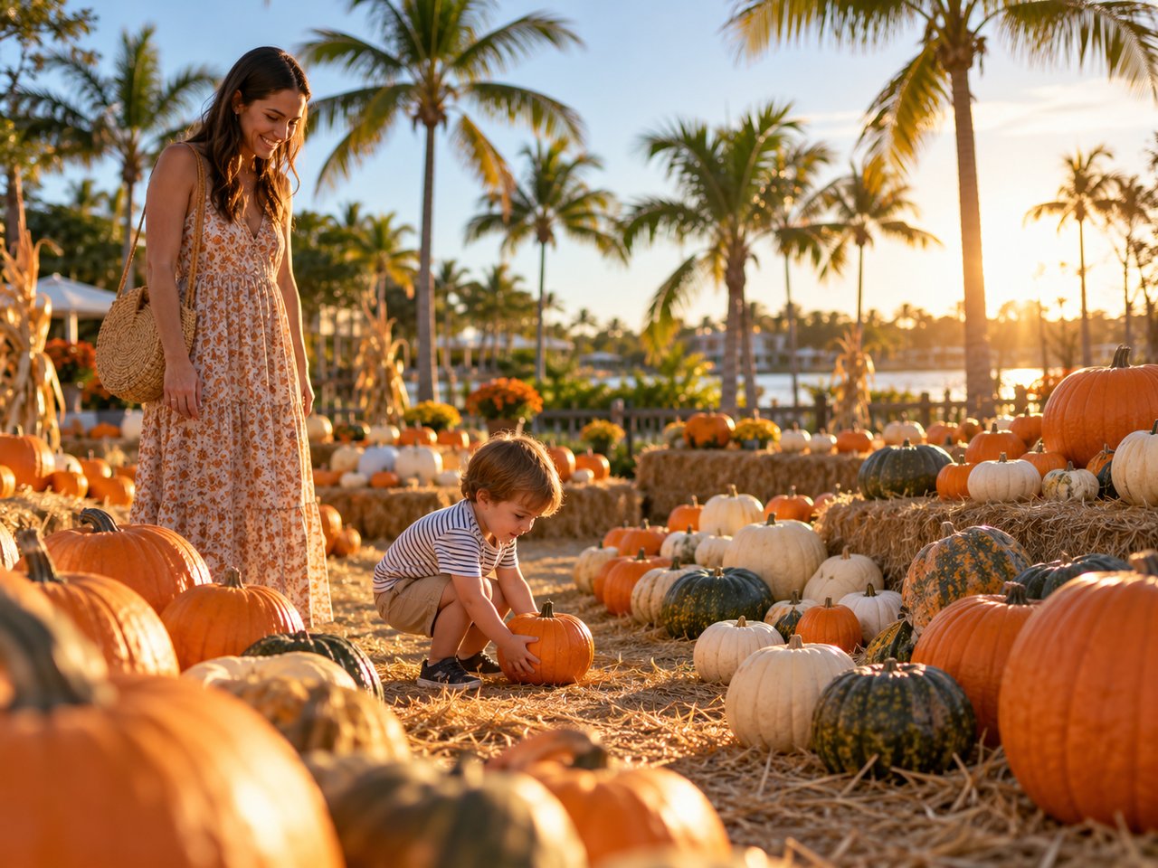 Rows of orange pumpkins and hay bales at a pumpkin patch in Jupiter, Florida