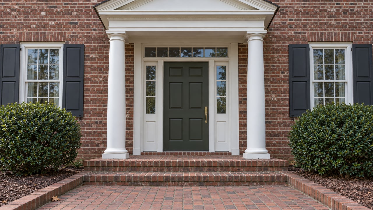 Red-brick home entry with white columns, an olive door, charcoal shutters and two rounded inkberry shrubs beside worn brick steps.