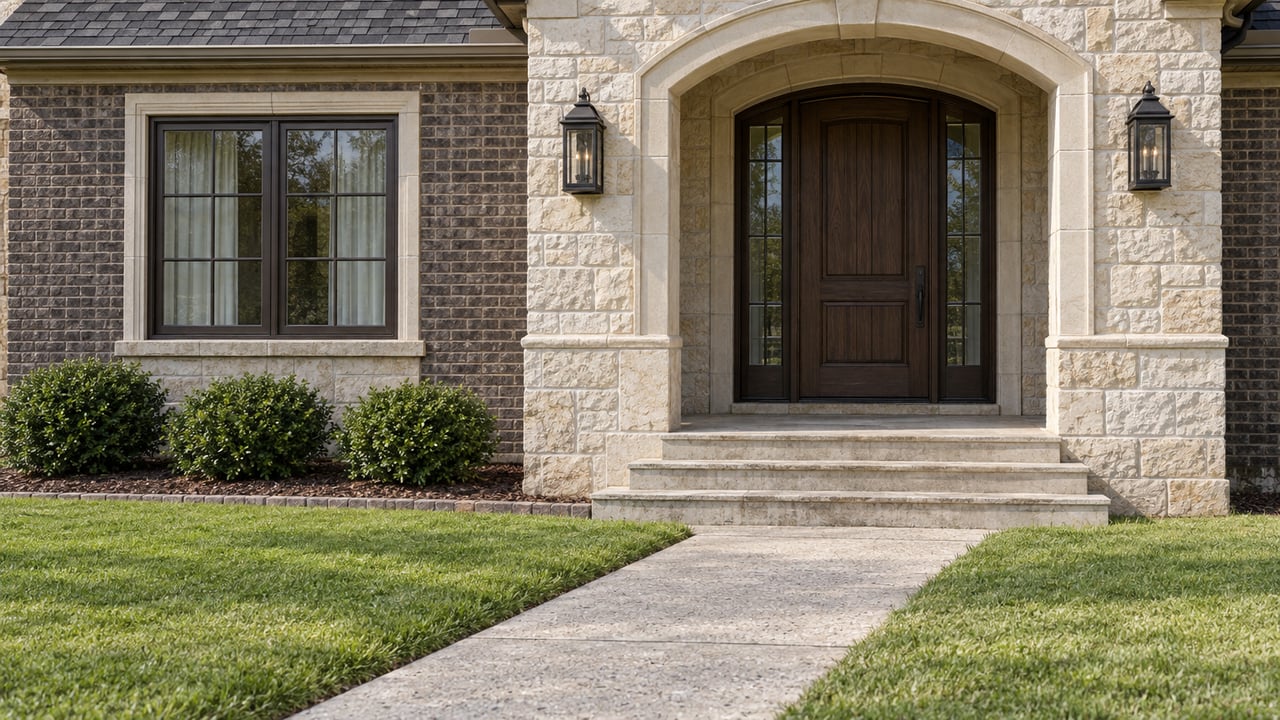 Limestone arched entrance and dark brick facade behind a broad lawn and concrete approach, illuminated by morning sunlight.