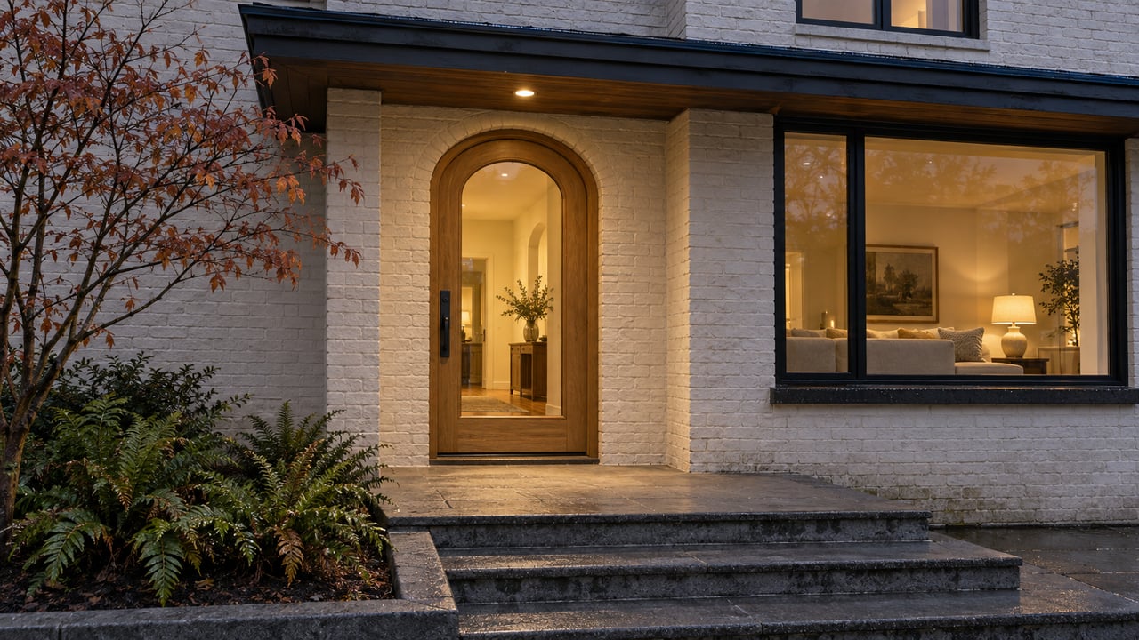 An ivory painted-brick home at blue hour, with a glowing arched oak entry, basalt steps, and a small Japanese maple above sword ferns.
