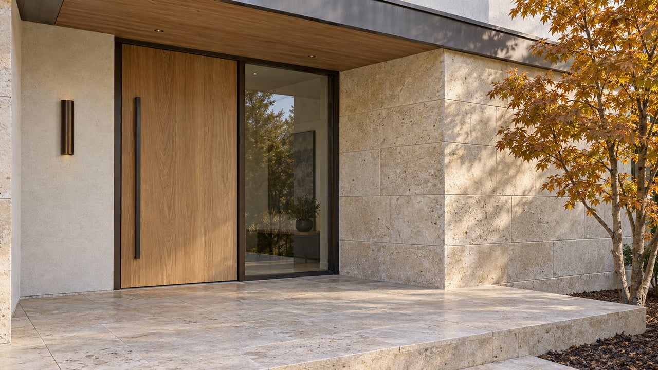 Contemporary home's sheltered oak entrance with bronze-framed glass, limestone walls and paving, and an autumn maple at the edge.
