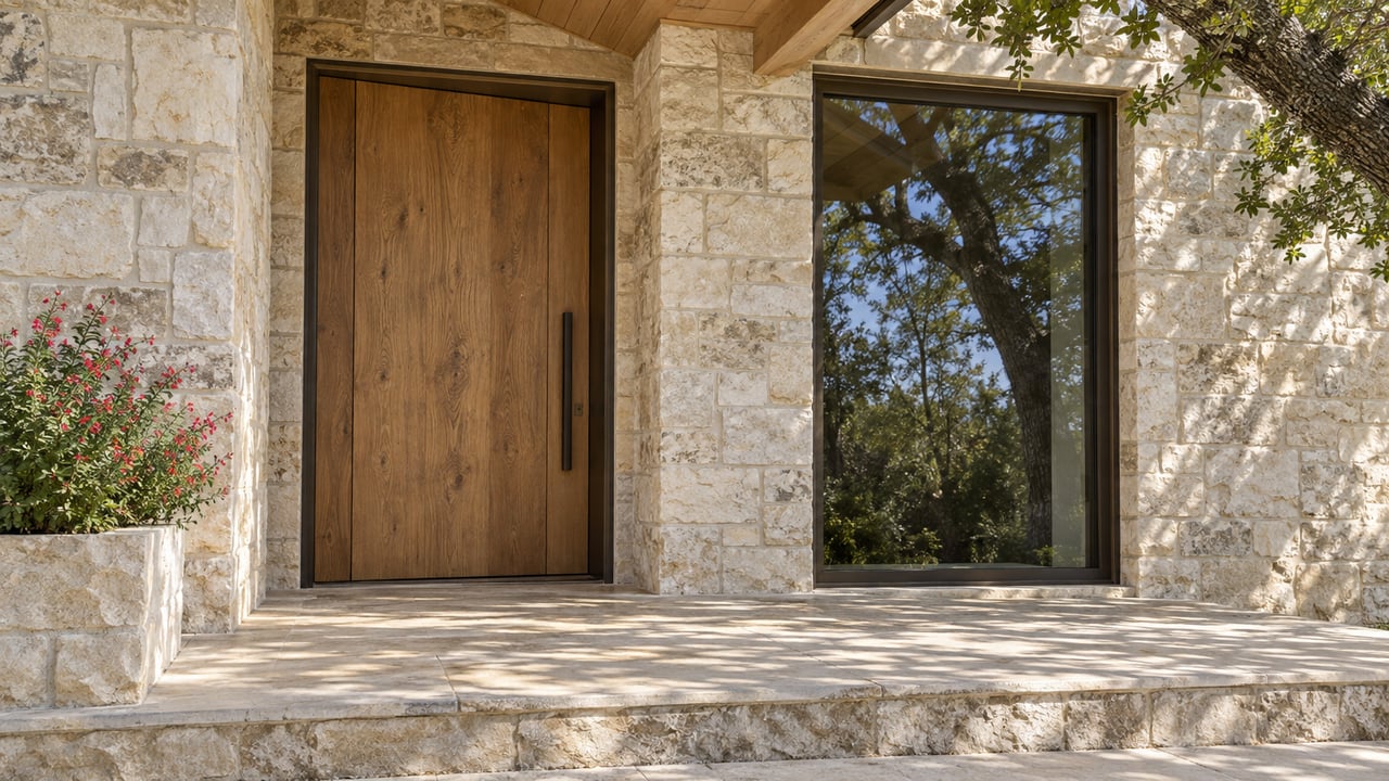 Oak pivot door and bronze-framed window set in a cream limestone entrance, with a tree reflected in the glass.
