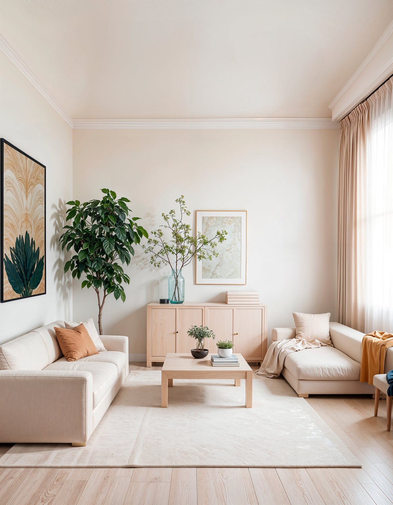 Staged living room with cream sofas, pale wood furniture, leafy plants, and a large curtained window.