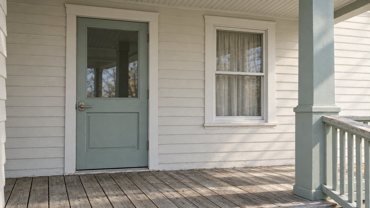 Pale seafoam porch woodwork and a glazed entry door beside a sash window, above weathered gray decking in soft afternoon light.