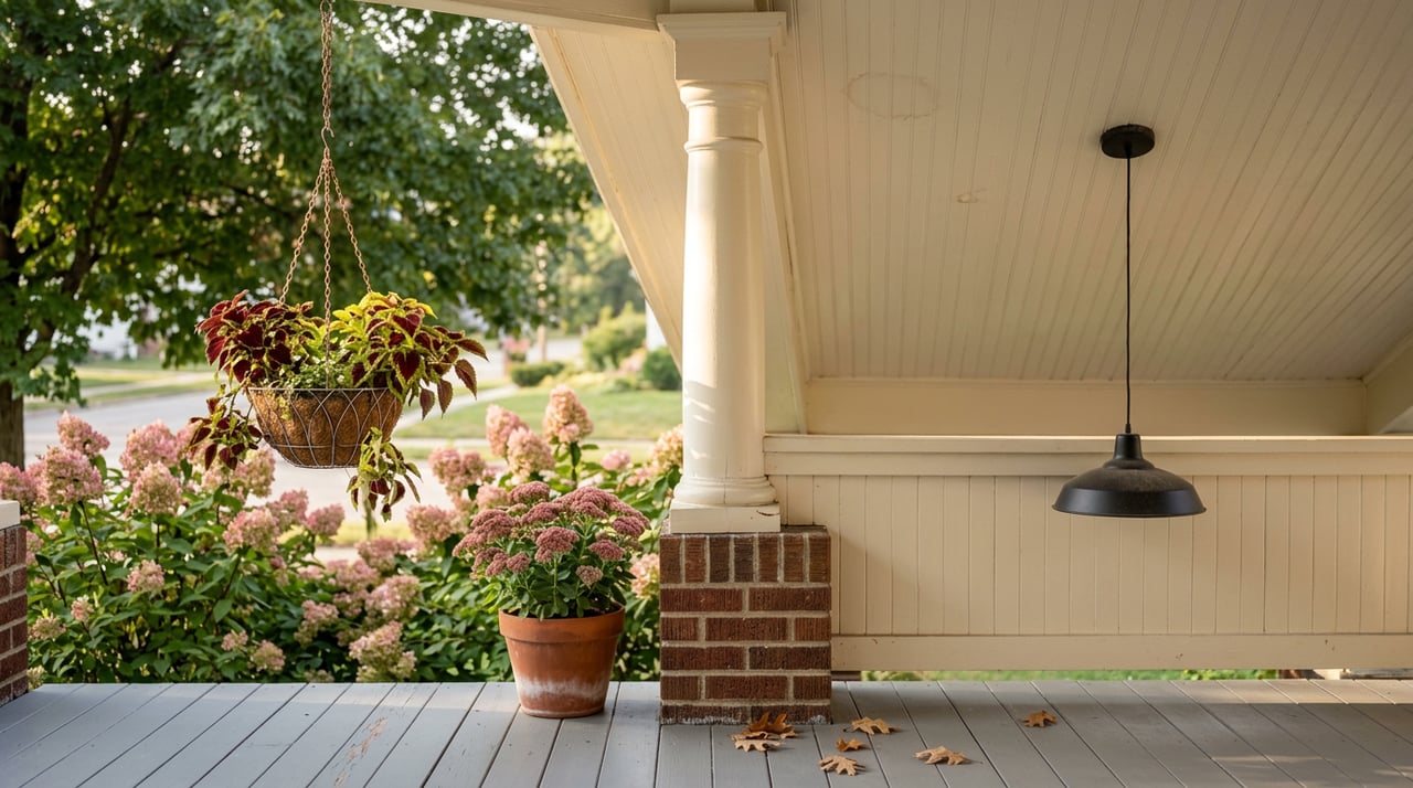 Cream-painted porch post beside a hanging burgundy-and-lime planter, with beadboard ceiling and dry oak leaves on the deck.