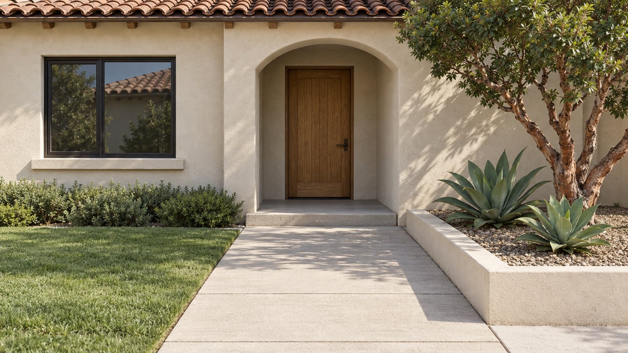 Warm stucco home with a recessed arched entry, clay tile roof, concrete approach, and a planted raised bed.