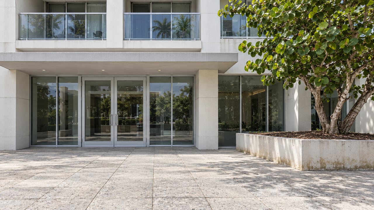 Sunlit condominium entrance with white stucco, brushed aluminum and glass doors, shell-aggregate paving, and a sculptural sea grape tree in a raised concrete planter.