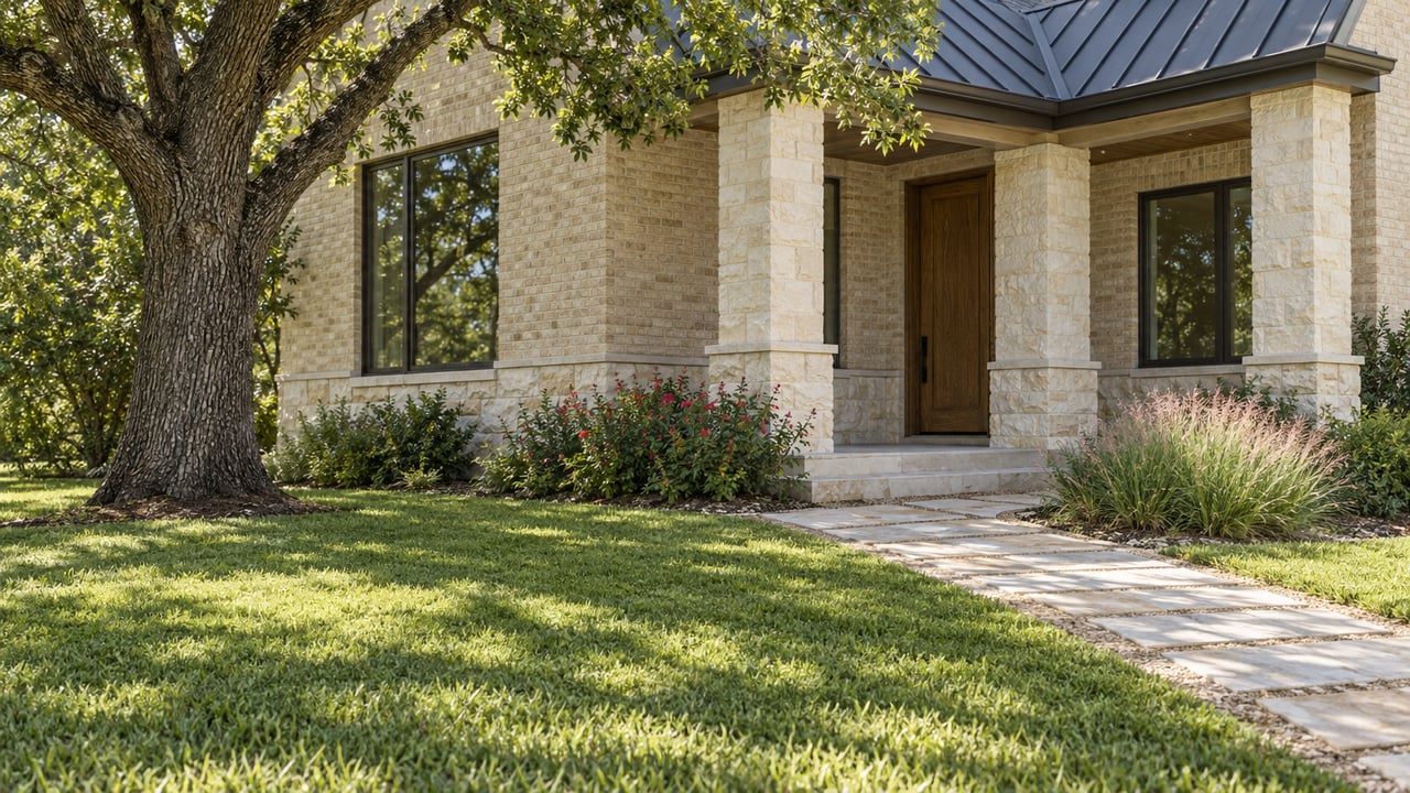 Cream limestone porch and timber door beyond a lawn, with a paver path beneath a spreading oak.