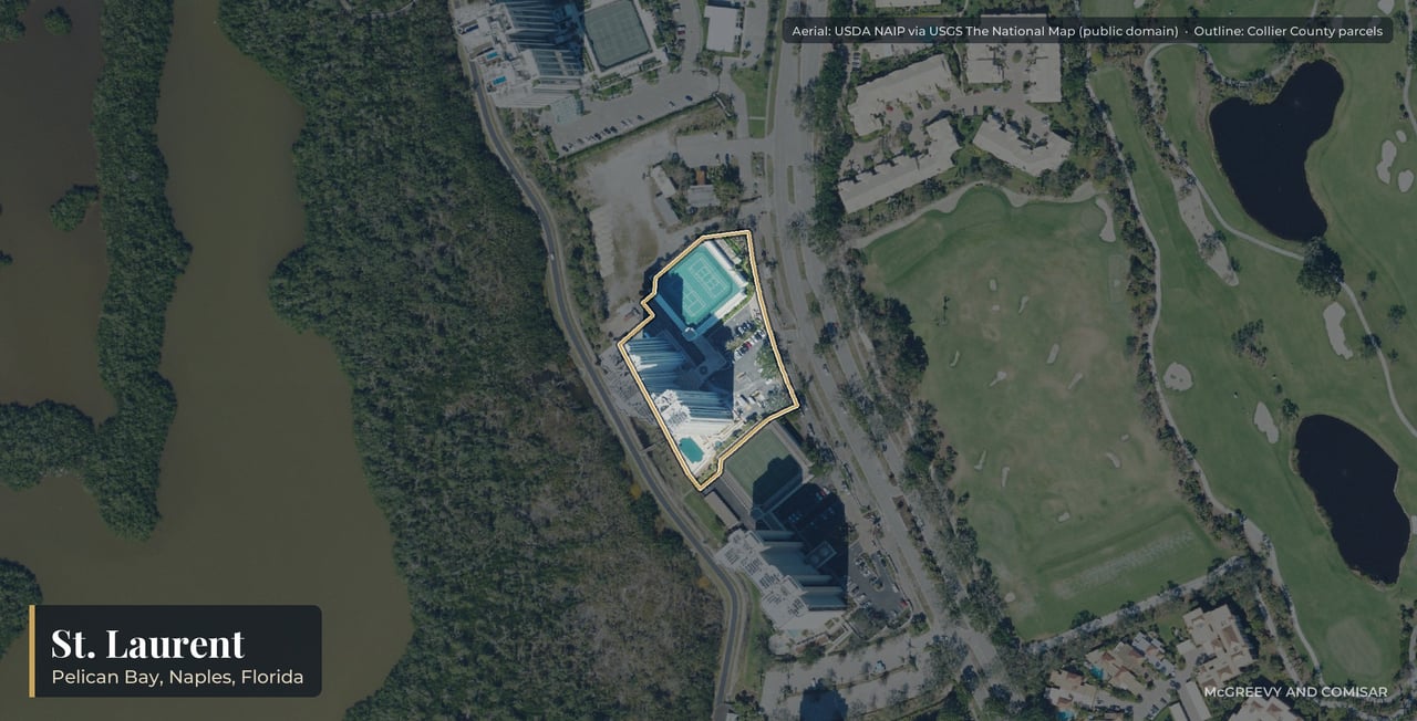 Aerial view of St. Laurent at Pelican Bay, Naples, Florida, with its parcels outlined