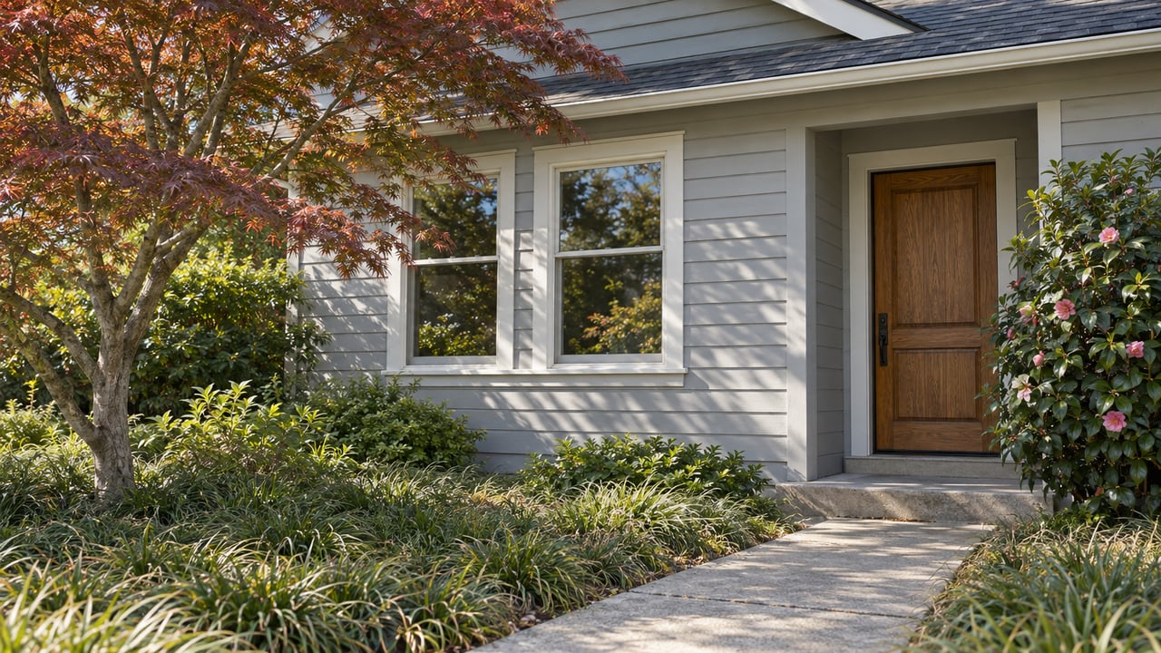 Pale-gray house with a charcoal gable, oak entry, concrete path, and maple in a planted front yard.
