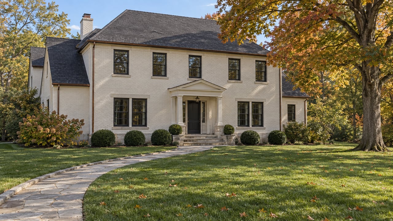 Painted-brick home behind a deep lawn and limestone walk, with black sash windows and a mature maple turning autumn colors.