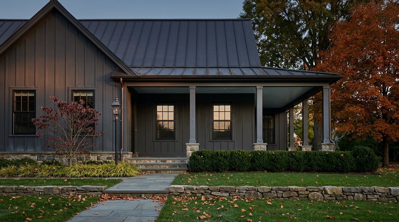 Dark board-and-batten farmhouse beyond a curving bluestone path and low fieldstone wall, framed by an orange maple.
